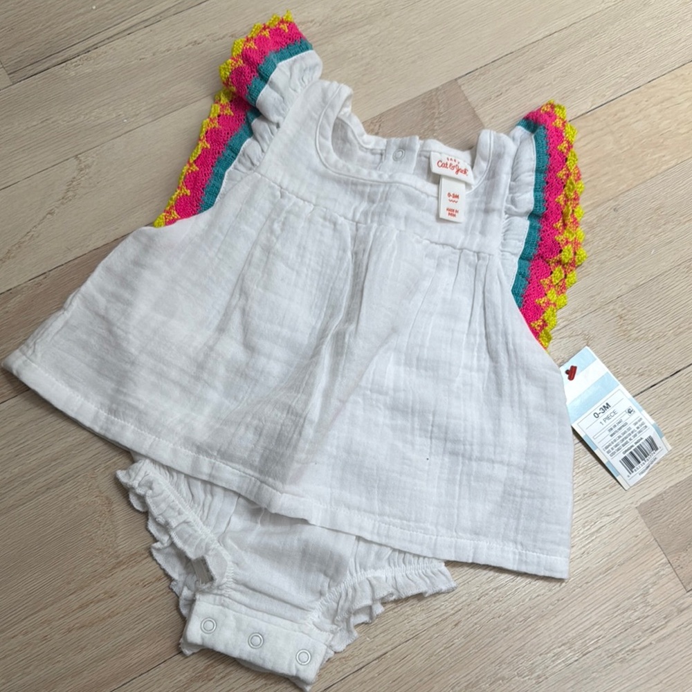 Cat & Jack White and Pink Bodysuit with Playful Pom-Pom Trim